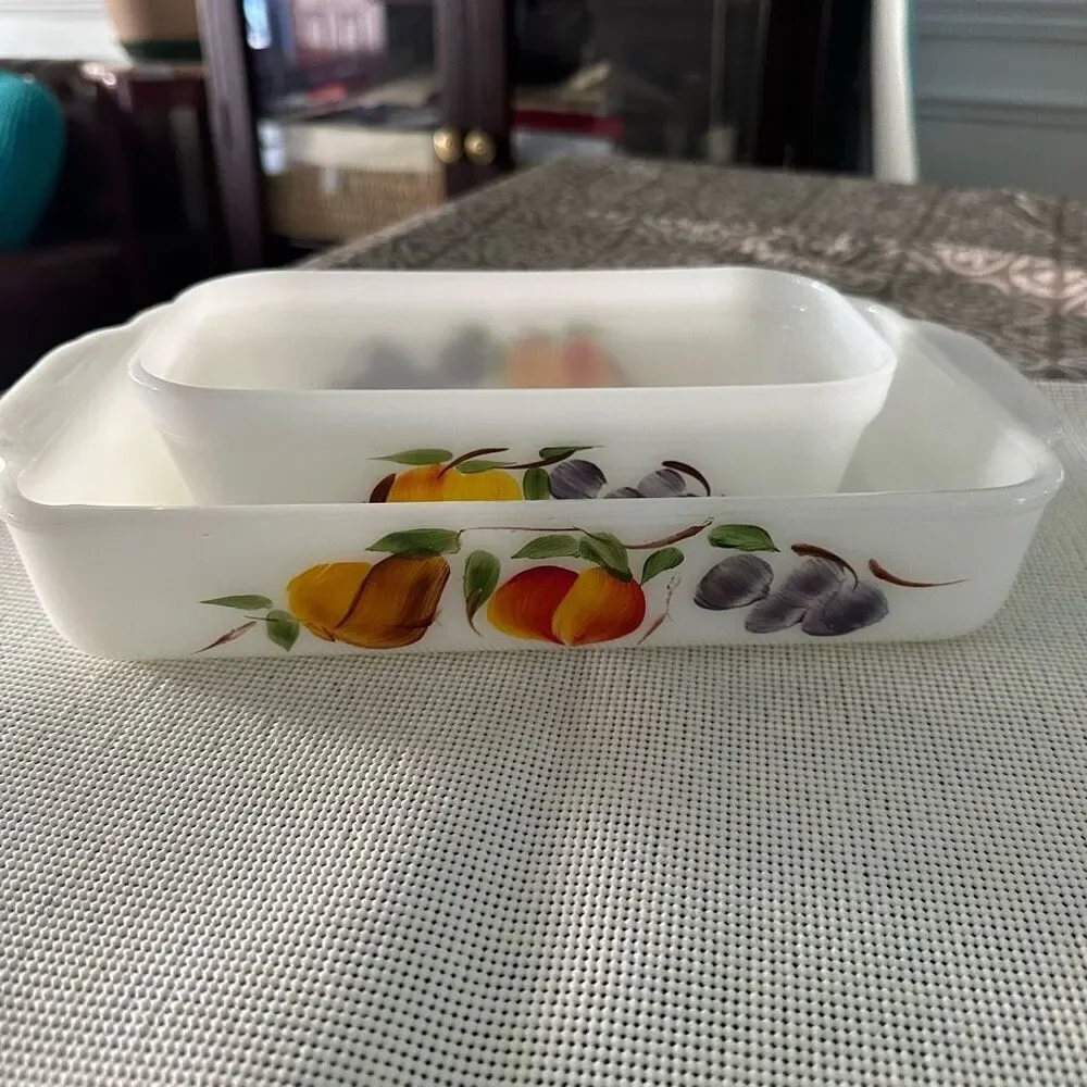 Anchor Hocking FIRE KING 2 pc‎ Loaf Pan & Rectangular Peach Blossom Dish Vintage